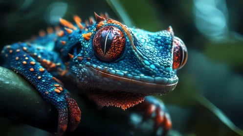 Bioluminescent blue tree frog macro in cinematic rainforest.
