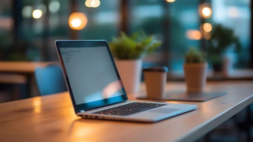 Ultrabook on coworking desk with bokeh office lighting.