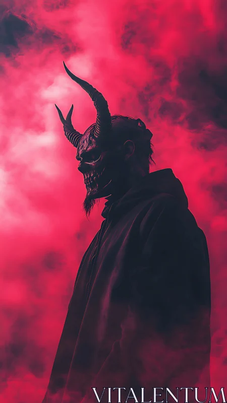 Horned masked figure in red fog rendered as digital portrait
