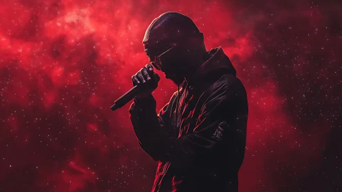 Silhouetted rapper performs against vivid cosmic red sky.