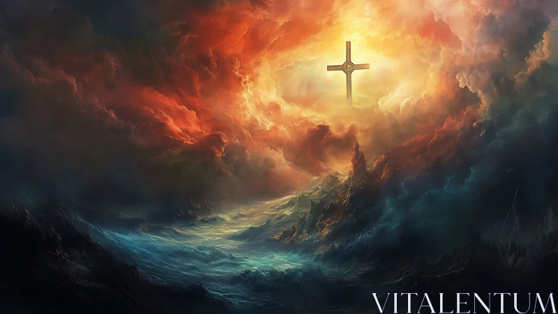 Stormlit seas cradle a radiant cross in roaring heavens