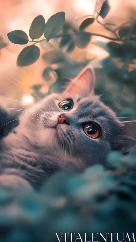 White cat with wide eyes gazing upward at foliage against warm peachy light