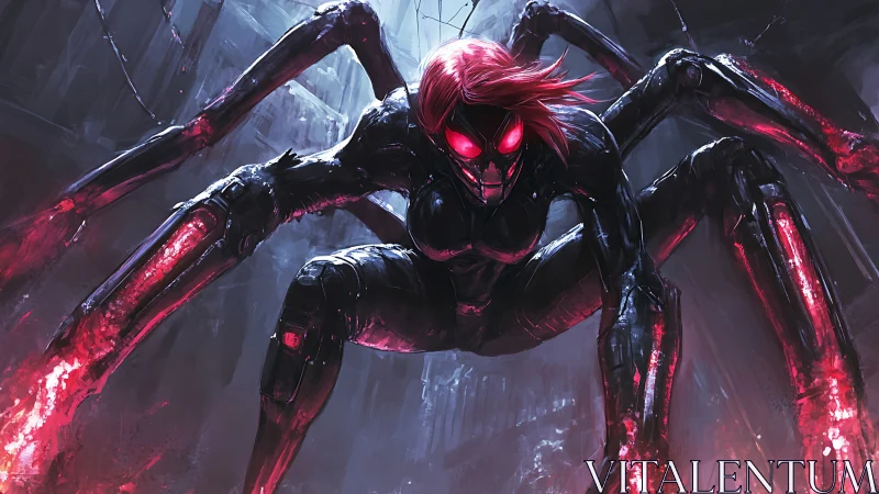 Fierce cyber spider warrior glowing with neon red power.