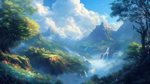 Atmospheric fantasy valley with cascading waterfalls and clouds.