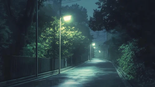 Midnight lane washed in hush and electric misted glow.