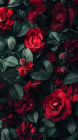 Densely Clustered Red Roses with Verdant Foliage in Moody Overhead Composition.