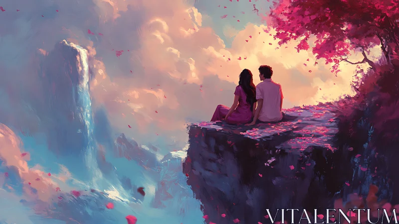 Couple Watches Sunset from Cliff Overlooking Waterfall Paradise.