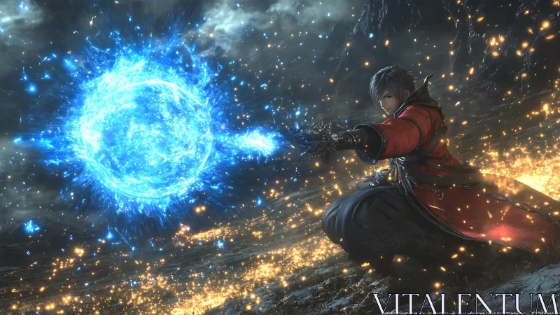 Mage channels volatile blue energy sphere amid scorched terrain