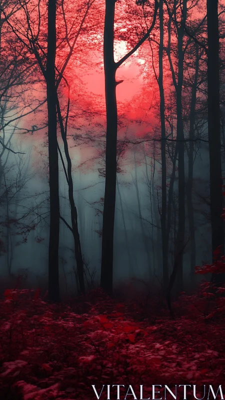 Crimson Forest Clearing: Silhouetted Trees Against Luminous Sunset
