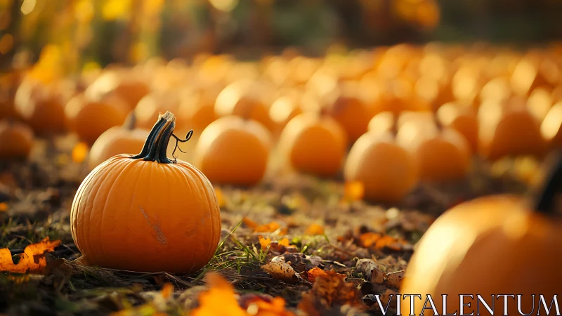 Single orange pumpkin in sharp focus in sunny field.