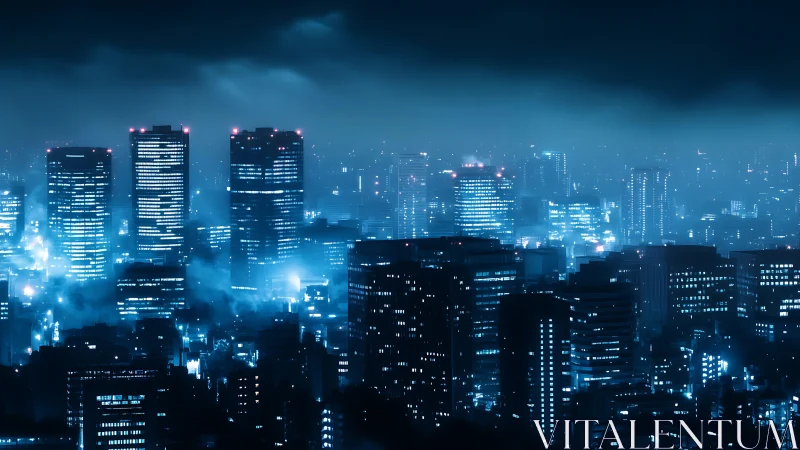 Neon fog drapes a midnight metropolis in icy blue light.
