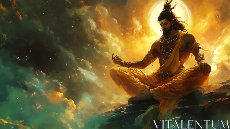 Solar sage in airborne meditation above stormlit clouds.