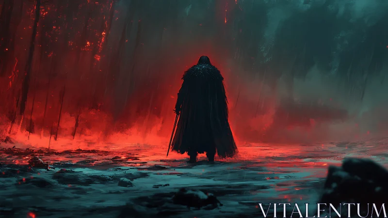 Lone cloaked wanderer pauses before a fiery, misty abyss.