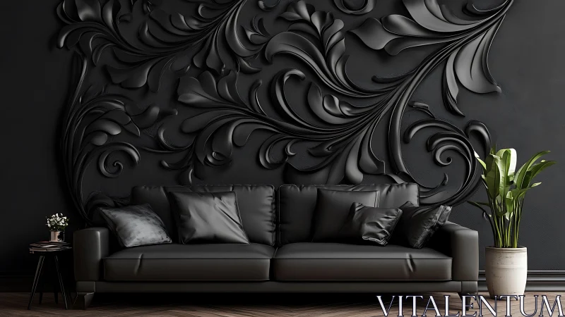 Monochrome black sofa anchors ornate sculpted wall decor elegantly.