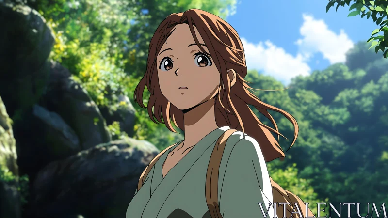 Young person stands in forested landscape under daylight