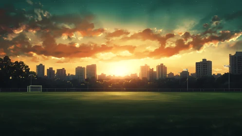 Empty soccer field under sunset behind distant city skyline