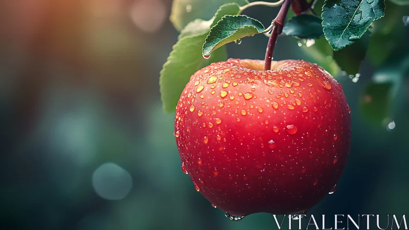Red apple on branch with dew droplets in soft focus field.