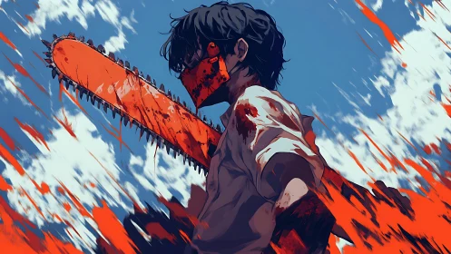 Blood-soaked chainsaw warrior strides beneath burning sky.