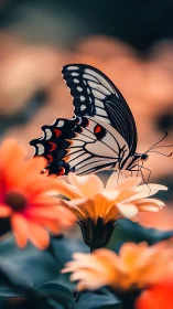 Butterfly ballerina pauses amid coral blooms at dusk.