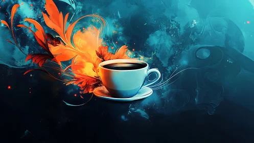 Digital painting of coffee cup amid fiery floral abstraction.