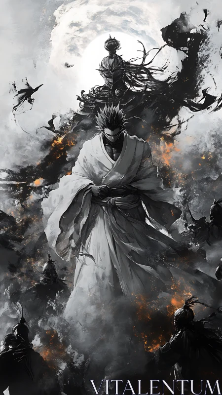 Stoic warrior figure amid smoke, embers, and dark spirits.