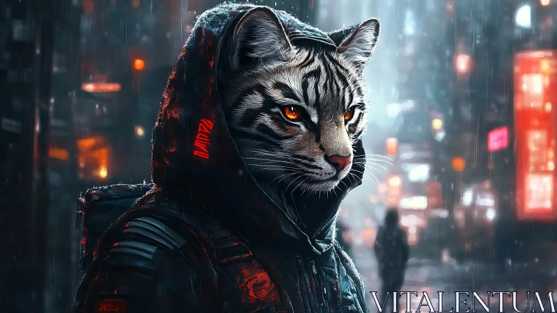 Cybernetic tabby sentinel in neon-soaked rainy alleyway.