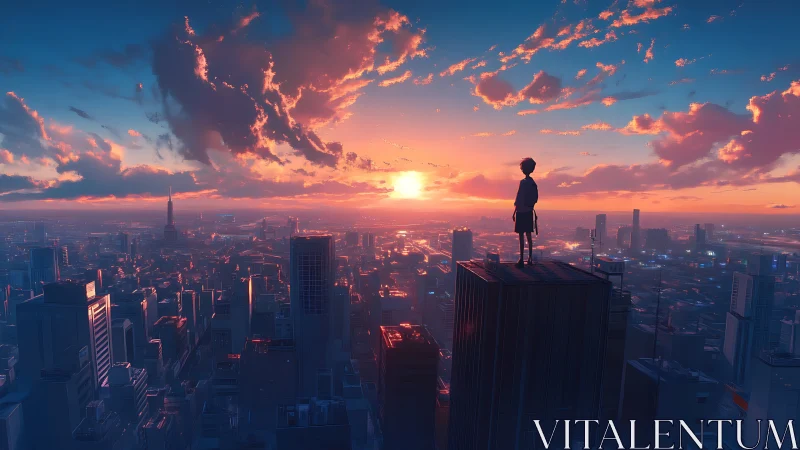 Solitary figure on city rooftop watching vivid sunset.