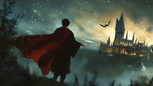 Young mage surveys glowing cliffside castle at twilight