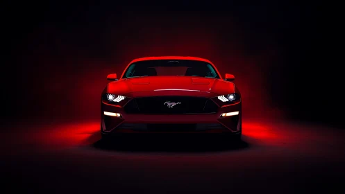 Red sports coupe front view in dark studio lighting.