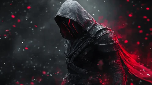 Hooded voidwalker wrapped in crimson embers and stormed shadow.