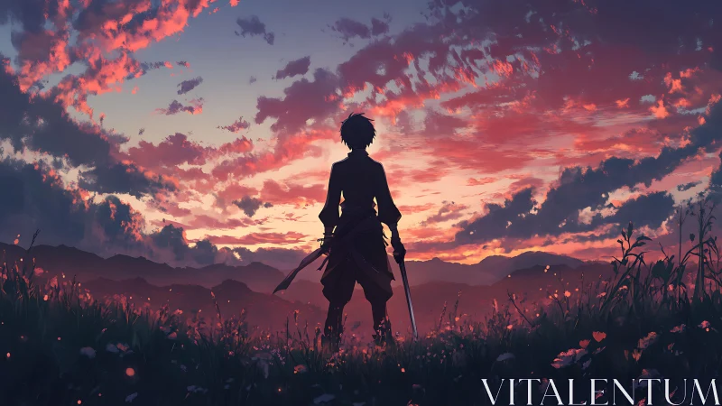 Silhouetted swordsman stands in field under vivid sunset sky