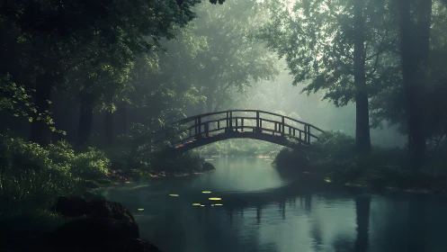 Misty woodland bridge spans tranquil reflective forest river.