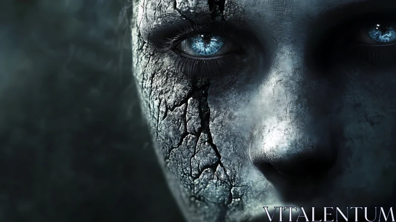 Cracked stone-like face with intense blue glowing eyes.