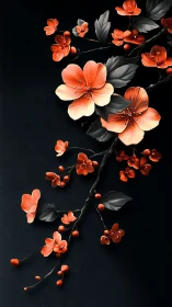 Coral Floral Branch Arrangement with Dark Foliage and Glossy Petals
