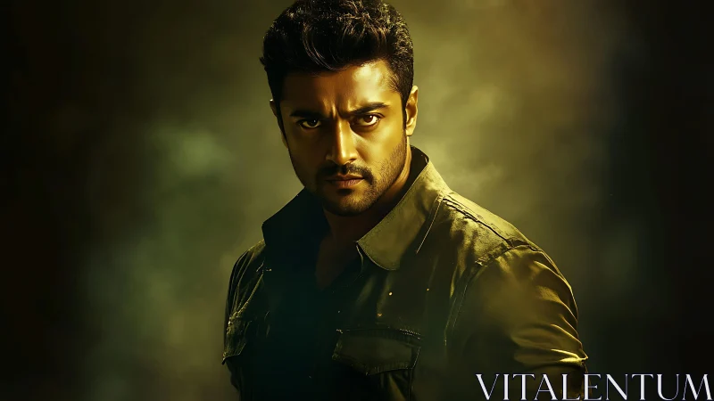 Intense male portrait rendered with dramatic cinematic lighting