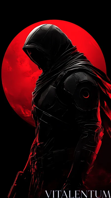 Hooded cybernetic assassin silhouette against crimson eclipse