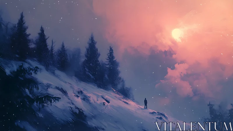 Solitary figure studies sunset over snowy conifer slope