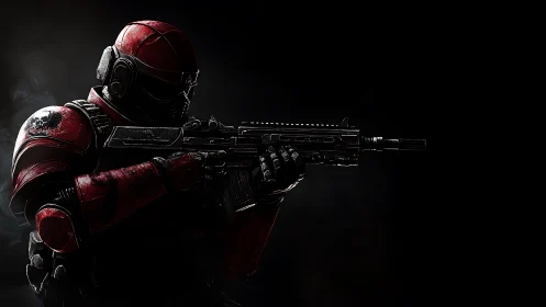 Stoic red space trooper poised on a dark, silent frontier.