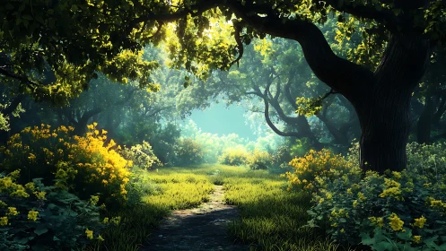 Luminous Forest Canopy: Sacred Gateway to Verdant Meadow.