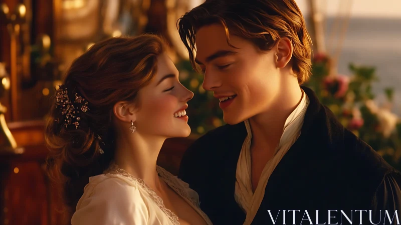 Gilded Evening Romance: Couple in Period Attire, Warm Cinematic Lighting