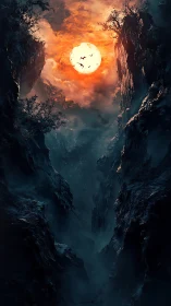 Burning sun over shadowed canyon in dark fantasy vista.