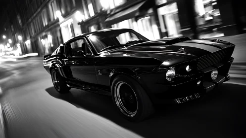 Classic black muscle car racing through city streets at night.