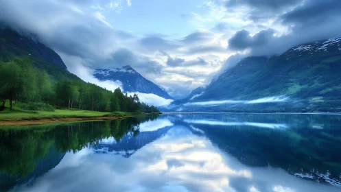 Cloud-draped fjord mirror where mountains practice calm.