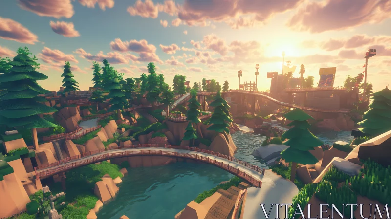 Stylized Industrial Landscape with Bridges and Waterways