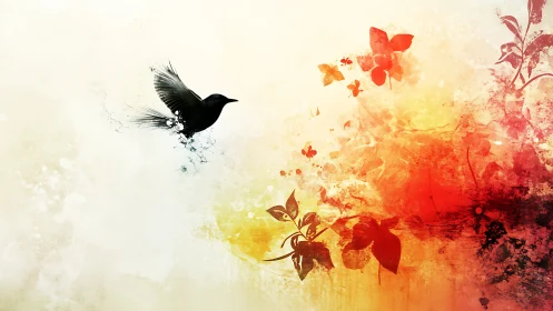 Black bird glides through vivid abstract floral light burst.