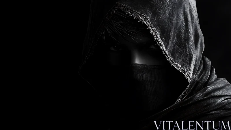 Hooded covert figure in high-contrast chiaroscuro lighting study.