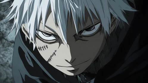 White haired anime antihero with stitched scarred face
