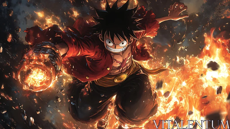 Flaming sky-brawler charging through a storm of embers.