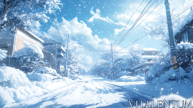 Sunlit suburban street under fresh snowfall in anime style