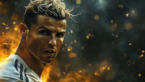 Fiery soccer focus framed by swirling golden sparks.